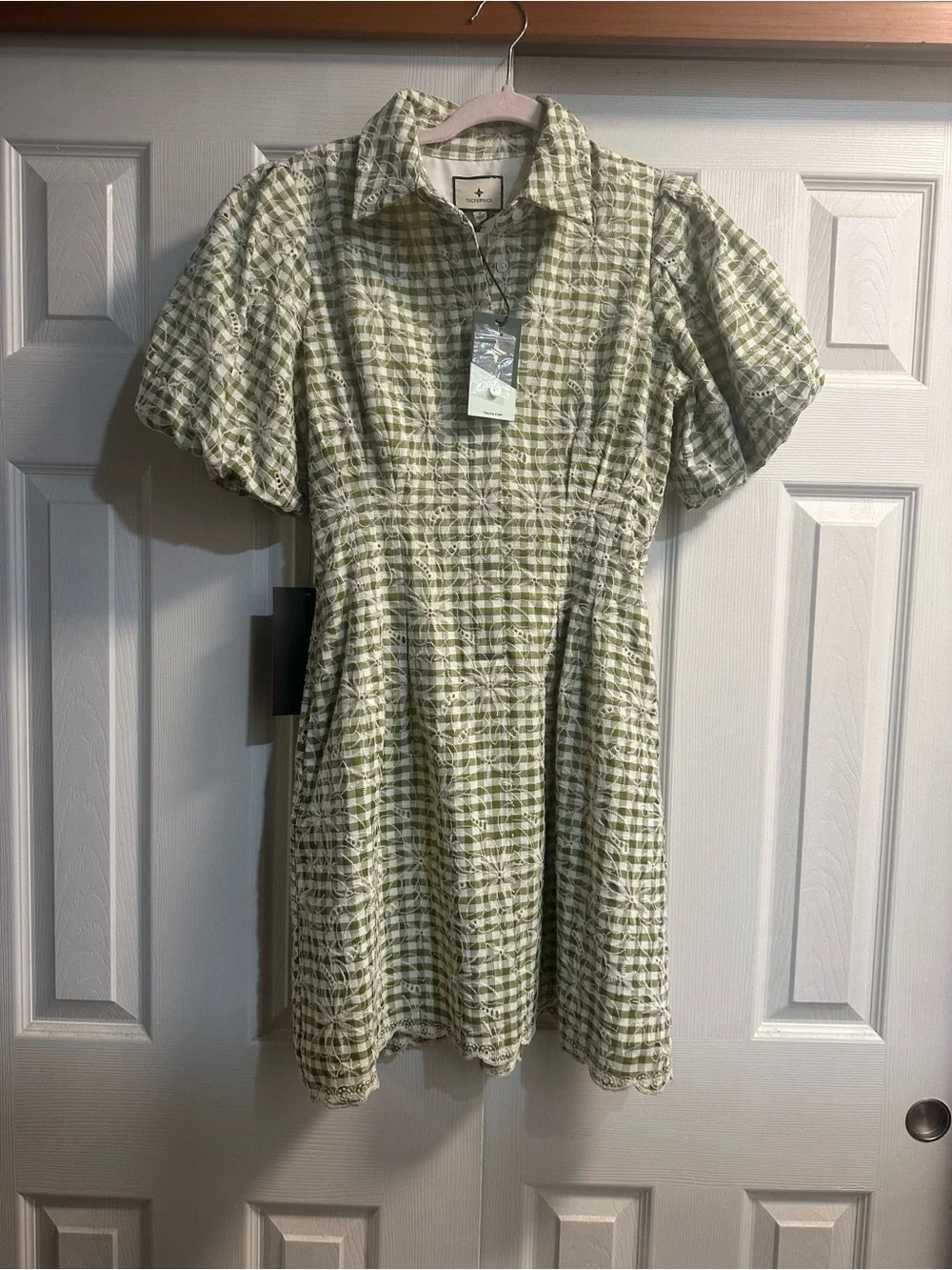 Tuckernuck Green and White Gingham Puff-Sleeve Dress